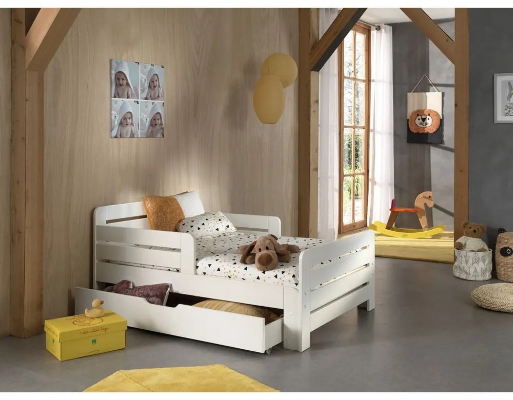 Pat pentru copii alb reglabil din lemn de pin cu spațiu de depozitare cu saltea/cu somieră Jumper – Vipack