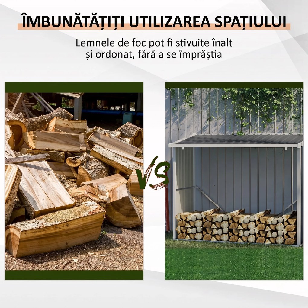 Outsunny Suport exterior pentru lemne, din oțel galvanizat, cu bază înălțată și acoperiș înclinat, 1,34 m², gri închis | Aosom Romania