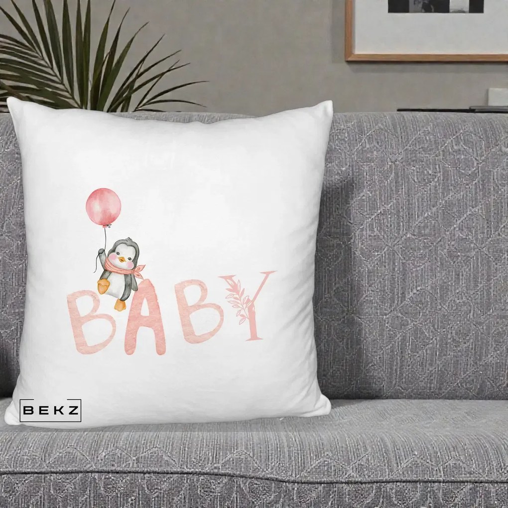 Perna Personalizata Baby Pinguin Roz, 40x40 cm, Alb Pufos, Husa Detasabila, Perna Inclusa, BEKZ®