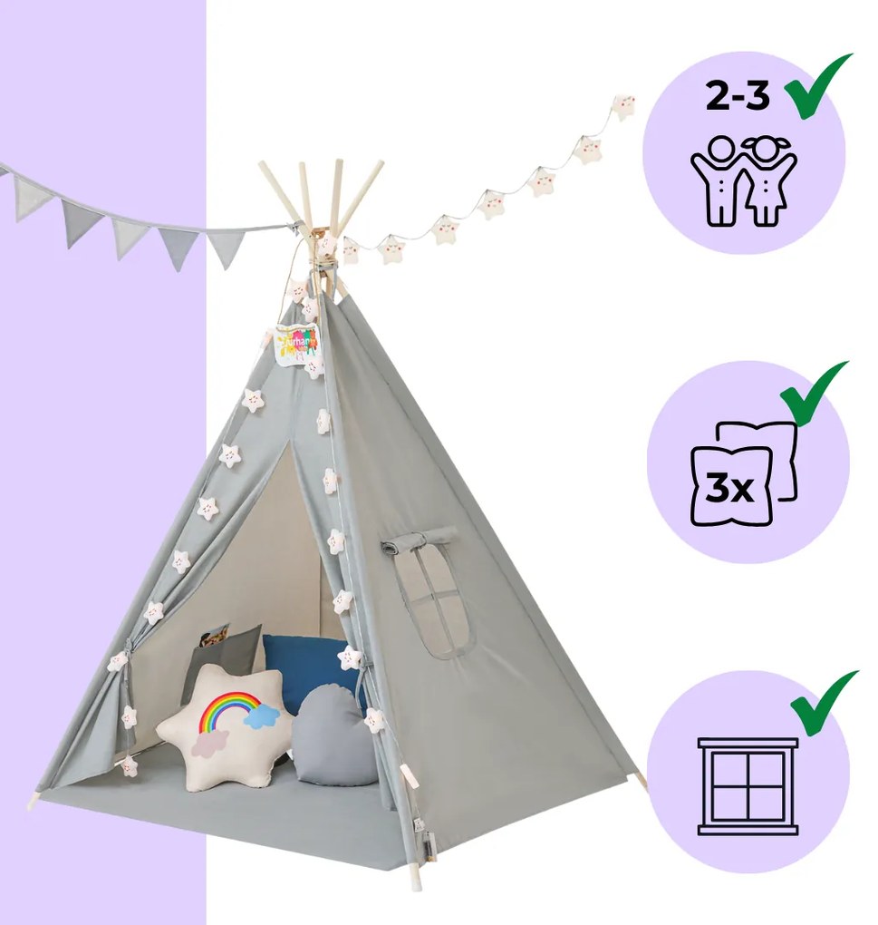 Jurhan Cort tip teepee pentru copii JULIUS, 120x120x160cm, gri/albastru