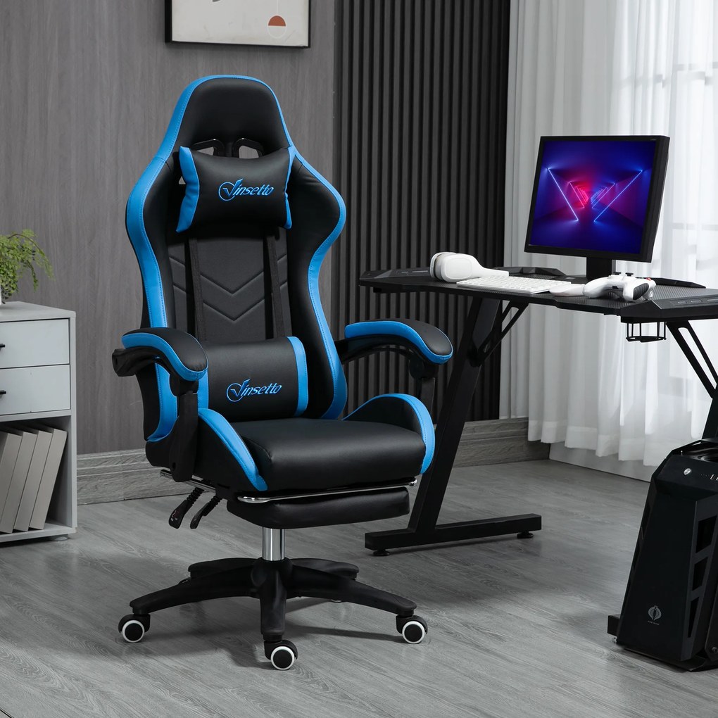 Scaun de gaming din piele ecologica PU si otel cu inaltime reglabila si spatar inclinabil, 65x65x121-129 cm, albastru si negru | Aosom Romania