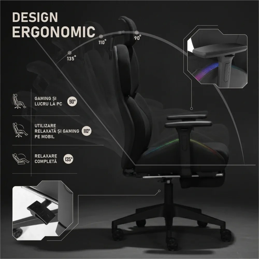 LUMINA X-Motion Pro – Scaun Gaming & Office Premium cu LED RGB și Suport pentru Picioare – Confort Inteligent și Design Spectaculos, Textil, Negru
