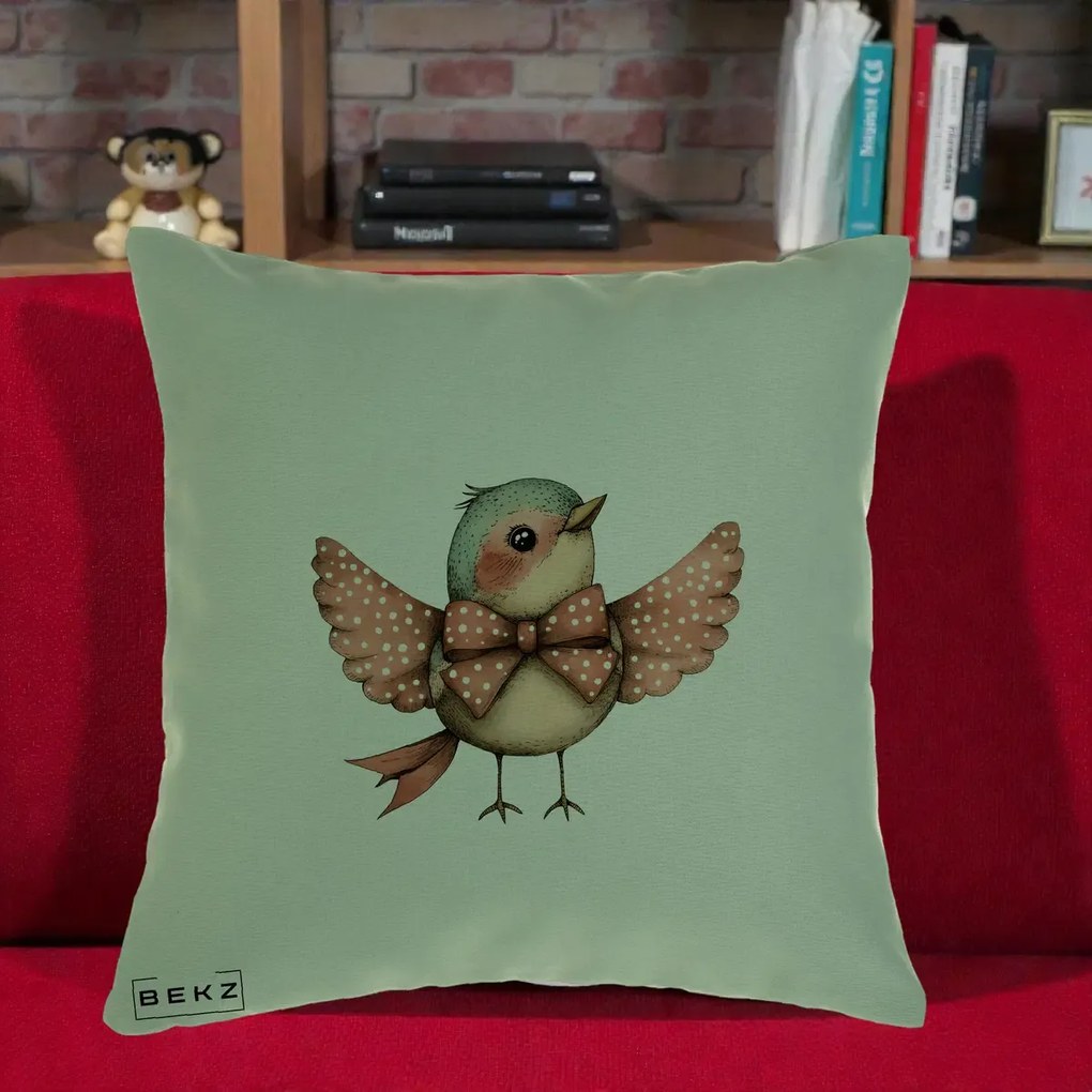 Perna Decorativa Pasare Roz cu Aripi si Fundita, 40x40 cm, Verde, Husa Detasabila, Perna Inclusa, BEKZ®