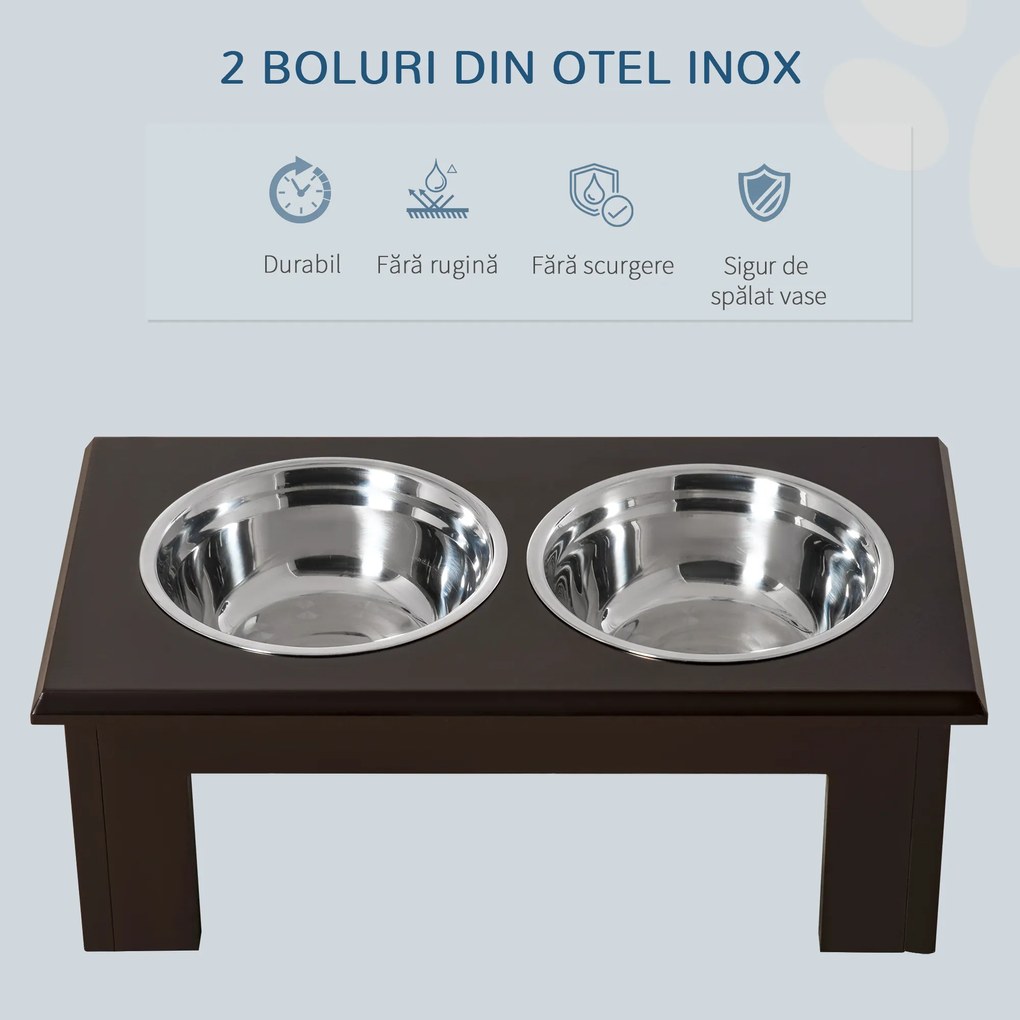 PawHut Bol Dublu Inaltat pentru Caini din Otel Inox si MDF 58.4x 30.5x 25.4cm | Aosom Romania