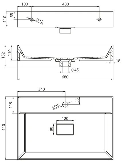Sapho - Lavoar pentru blat GODIVA, 68 x 44 cm, marmură/alb