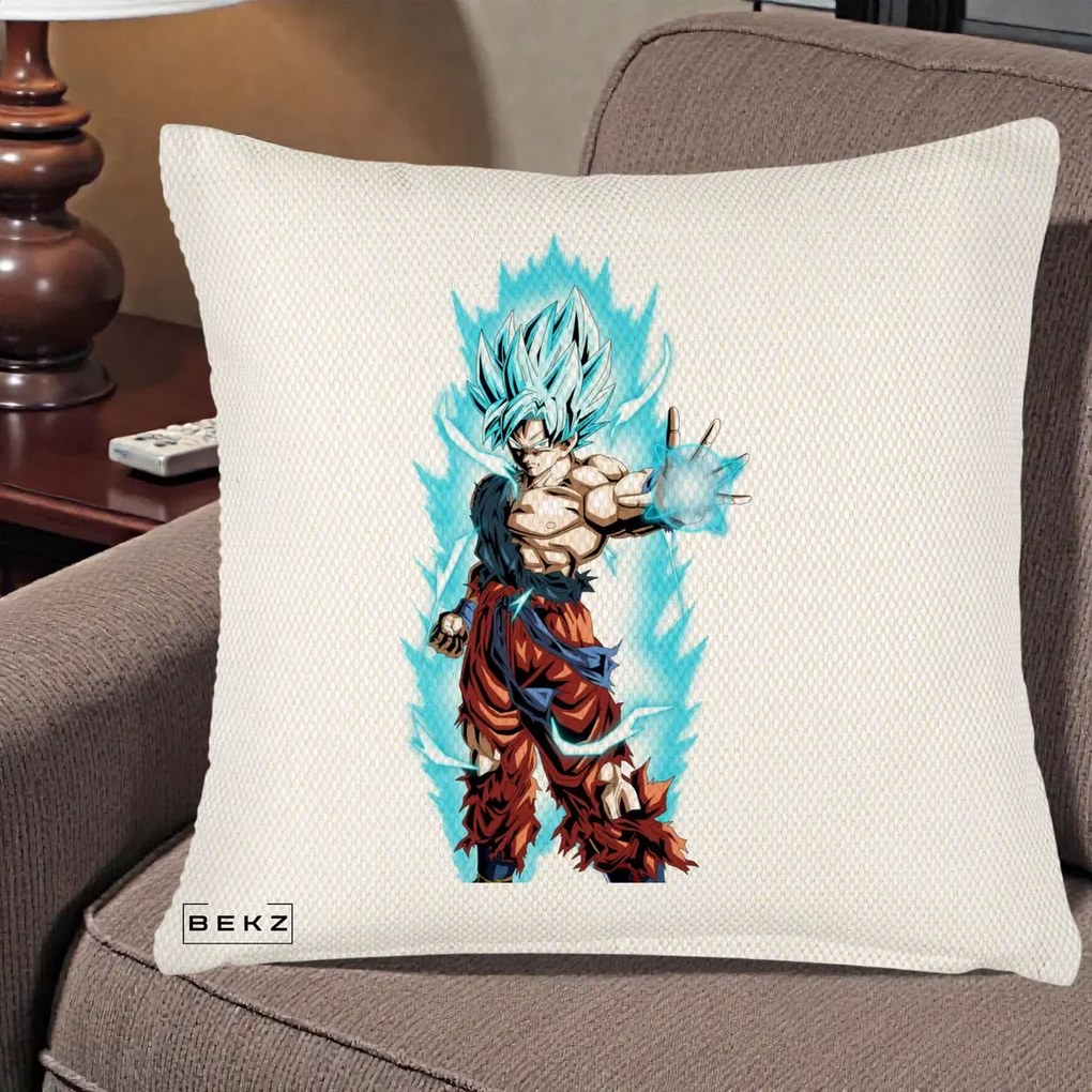 Perna Personalizata Dragon Ball Goku Ultra Instinct Blue, 40x40 cm, Crem Reliefat, Husa Detasabila, Perna Inclusa, BEKZ®