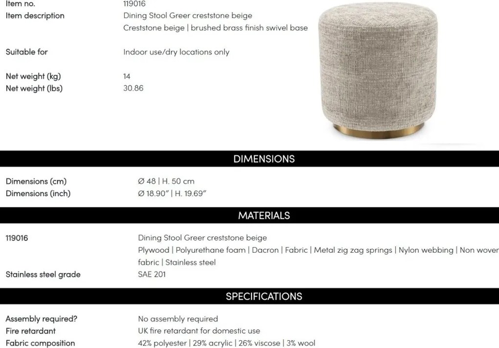 Taburete modern design LUX Chair Greer, Creststone beige