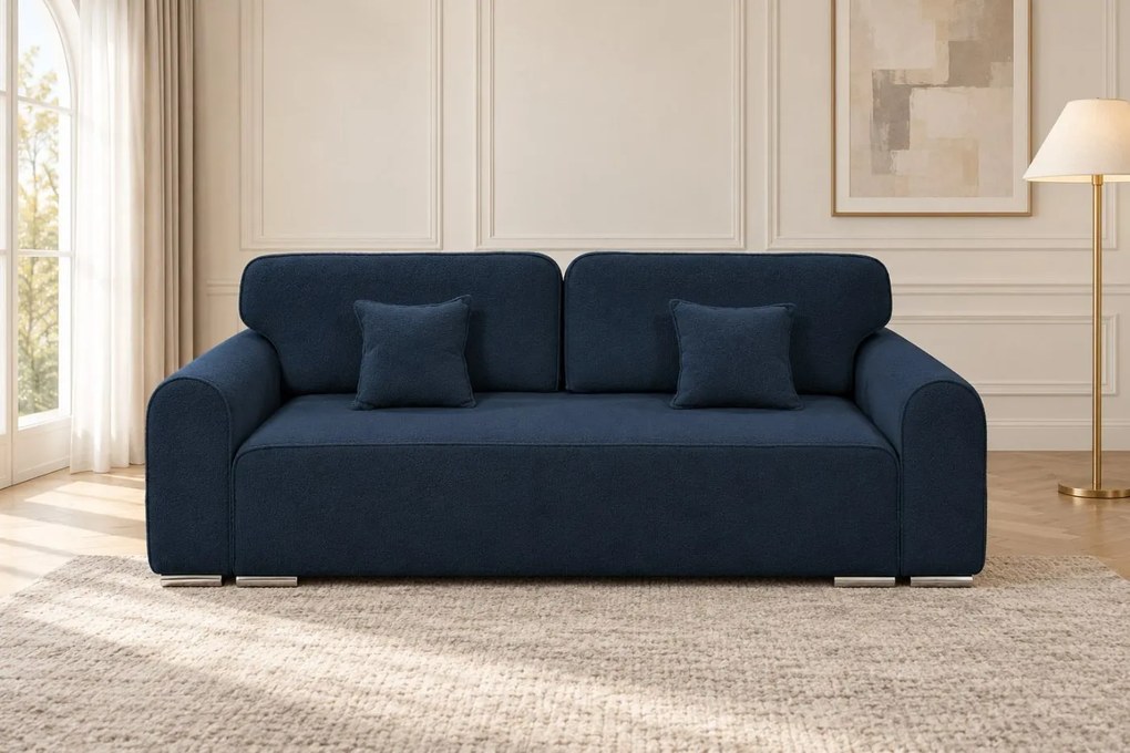 Canapea extensibilă Fiorella din boucle, bleumarin, cu ladă de depozitare
