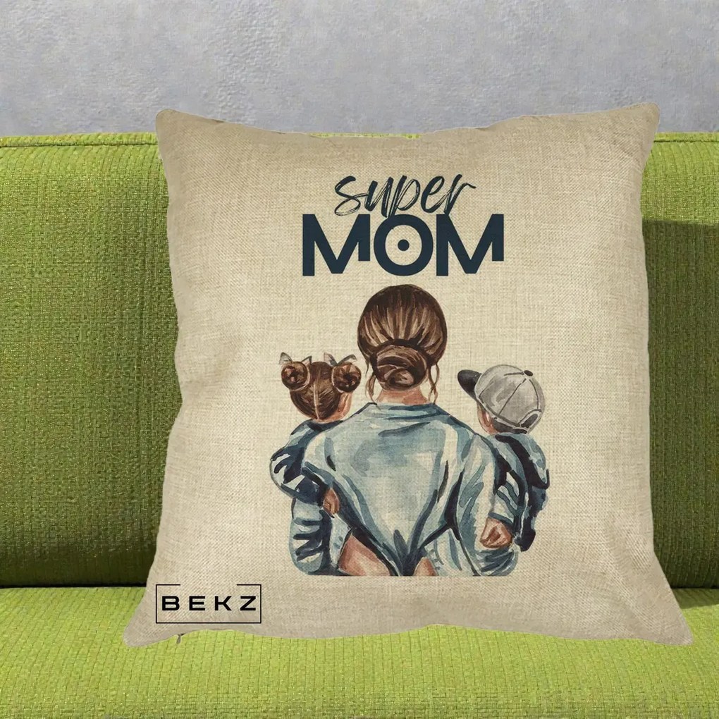 Cadou pentru Mama - Perna Personalizata Super Mom, 40x40 cm, Crem, Husa Detasabila, Perna Inclusa, BEKZ®