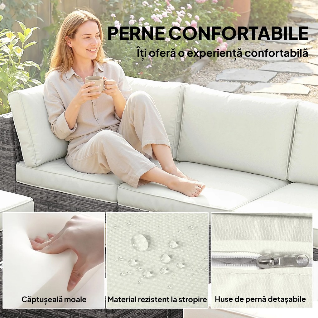 Outsunny Set Mobilier de Grădină din Ratan, 6 Piese, Fotoliu Colțar, Canapele fără Brațe, Suporturi pentru Picioare și Măsuță, Gri Amestecat | Aosom Romania