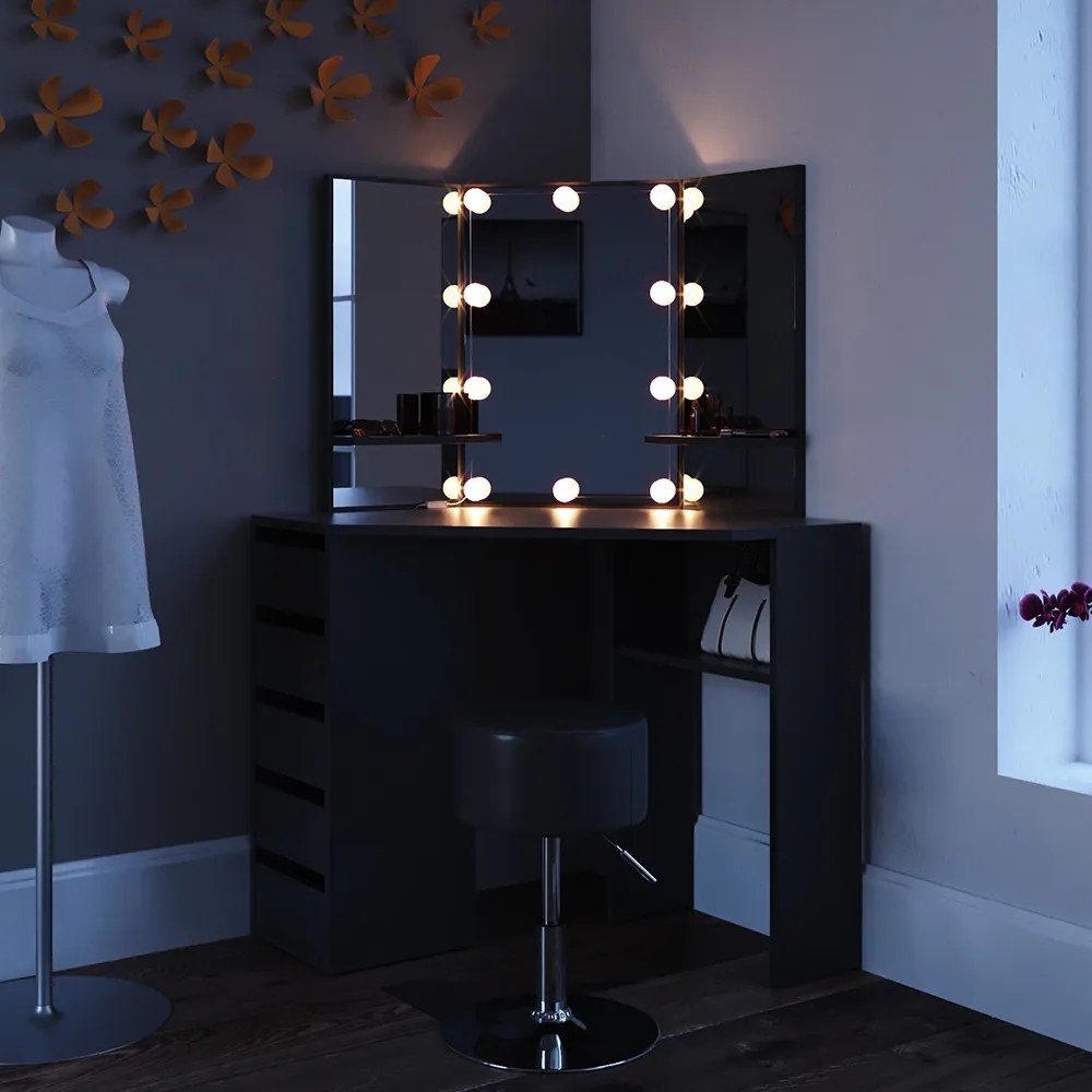 SEN223 - Set Masa neagra toaleta pentru colt, 110 cm, cosmetica machiaj oglinda masuta vanity pe colt cu sau fara LED, cu sau fara Scaun