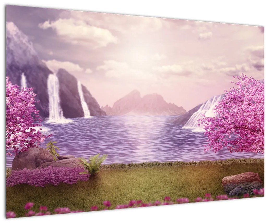 Tablou cu pomi roz cu lac (90x60 cm)