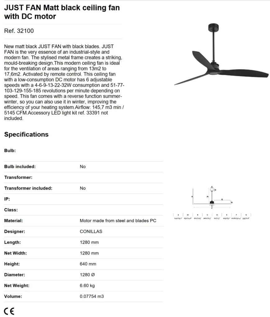 Ventilator de tavan cu telecomanda design modern JUST FAN negru