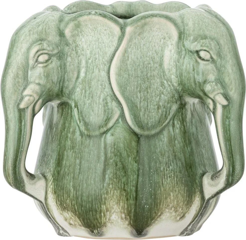 Vază din ceramică artizanală, verde, cu detalii sculpturale în formă de elefant, 15,5x15,5 cm, „Pontus"