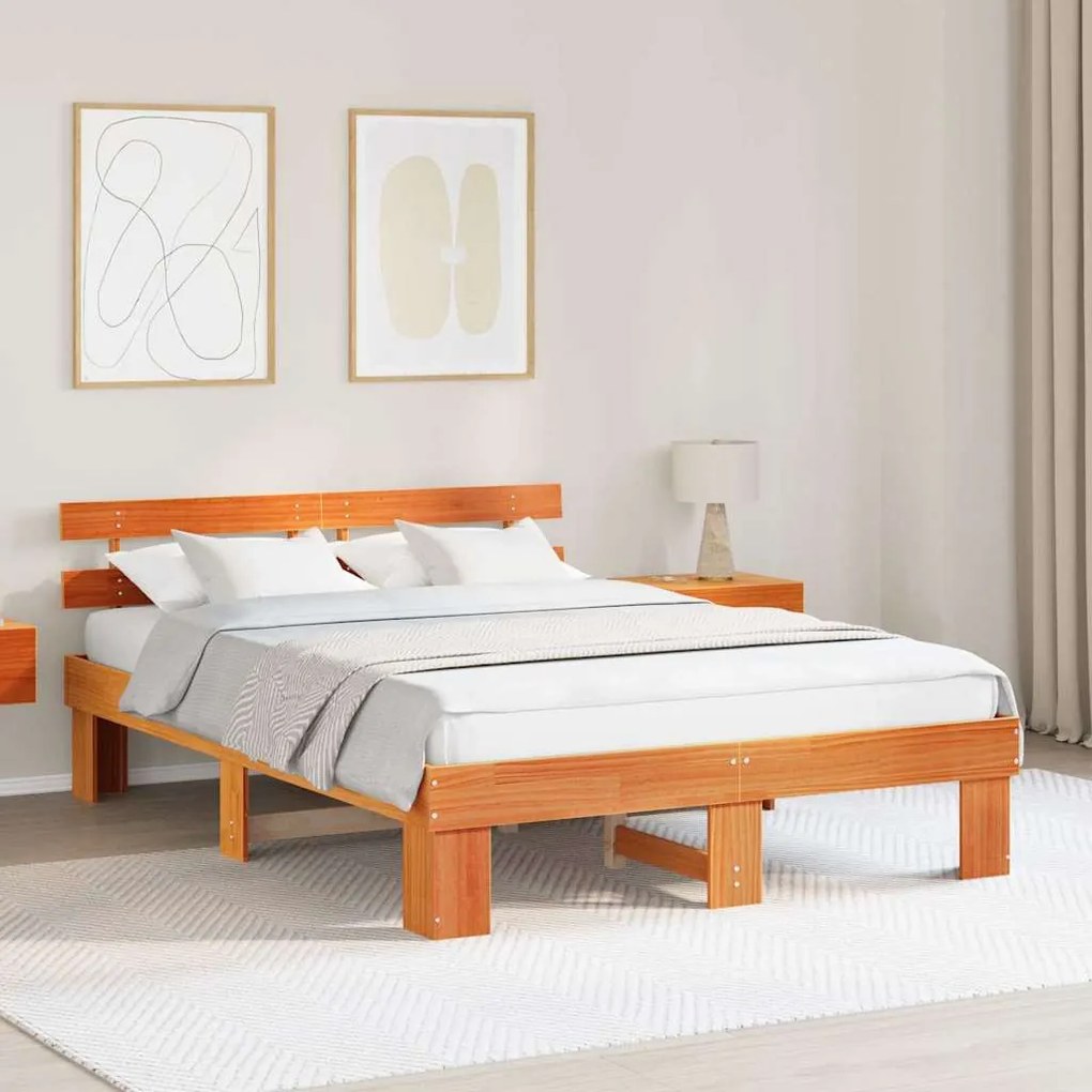 vidaXL Cadru de pat cu headboard Maro 160 x 200 cm Lemn masiv de pin