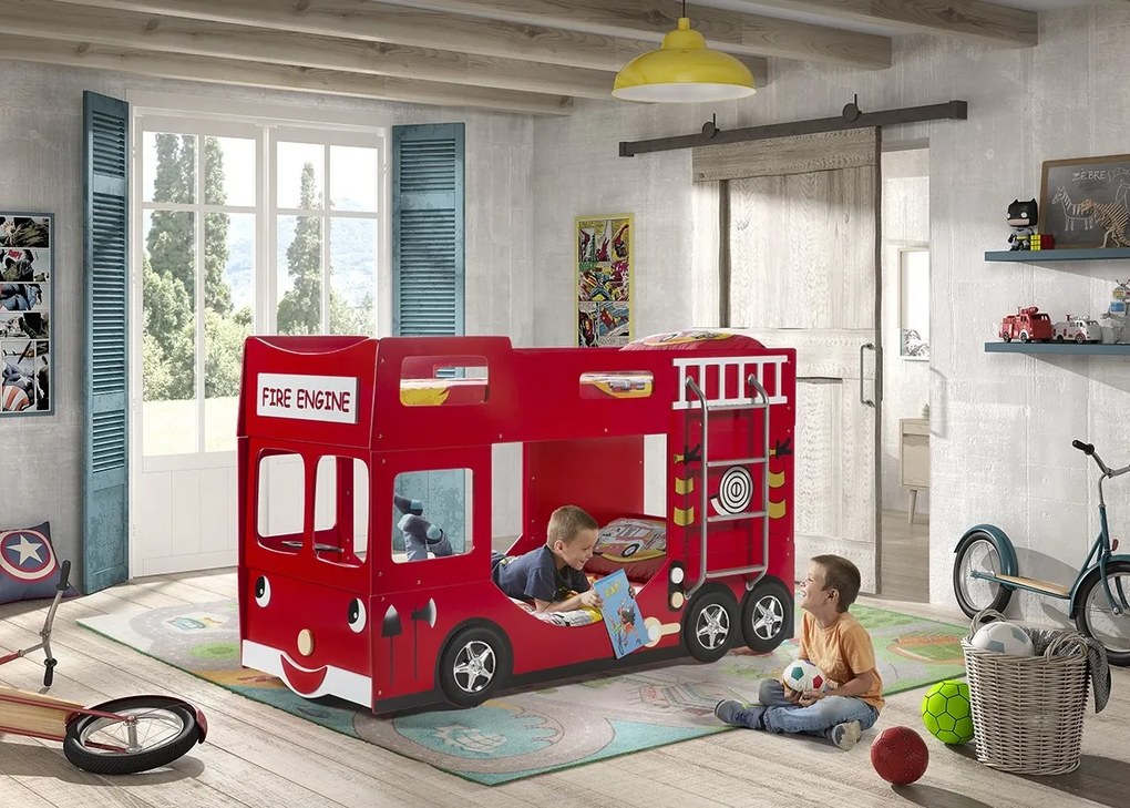 Set CARBED format din Pat copiiul supraetajat NEW FIRE TRUCK și saltelele potrivite.