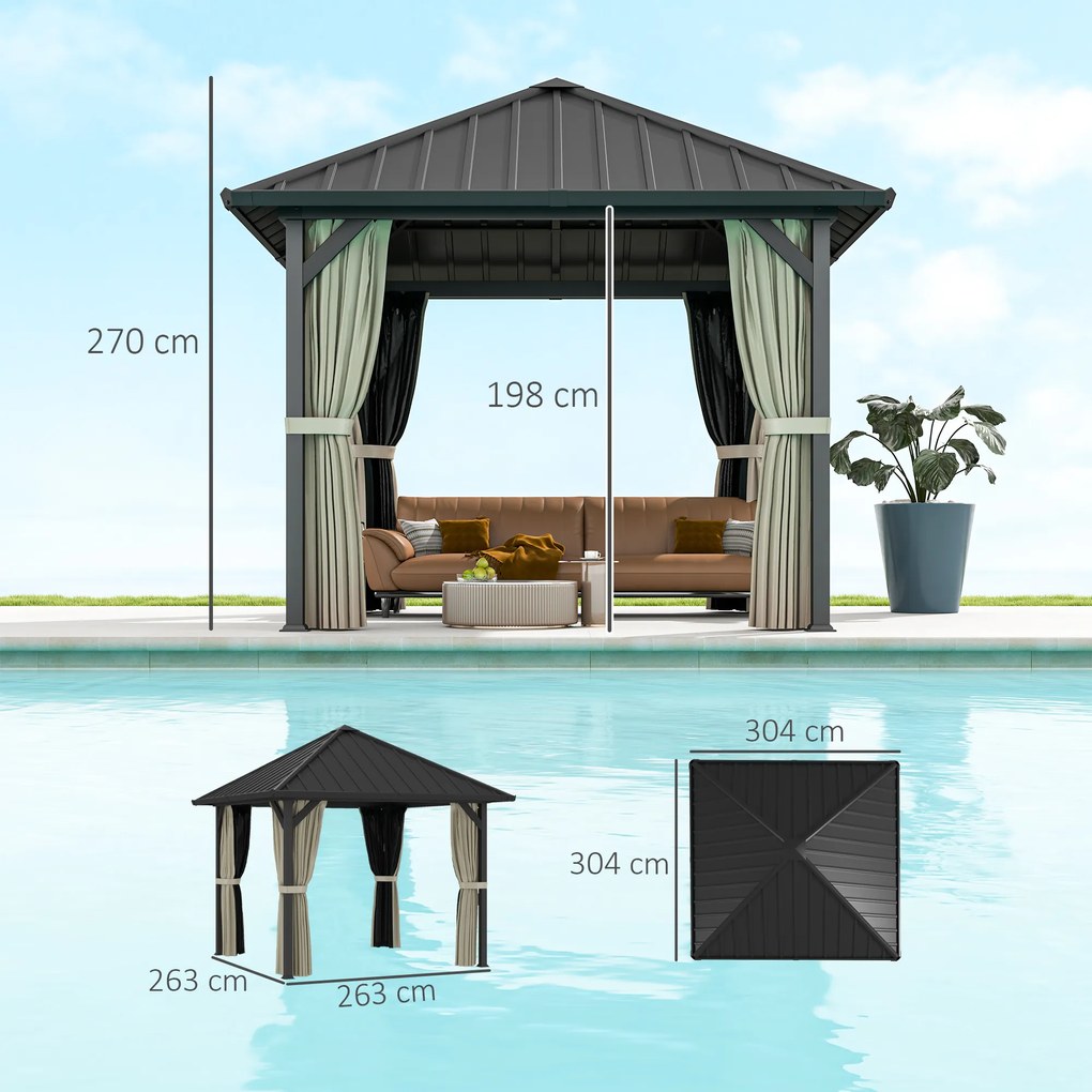 Outsunny Pavilion cu acoperiș solid 3 x 3 m, pavilion de grădină cu acoperiș metalic, cort de grădină impermeabil cu plasă și pereți laterali, Gri închis | Aosom Romania