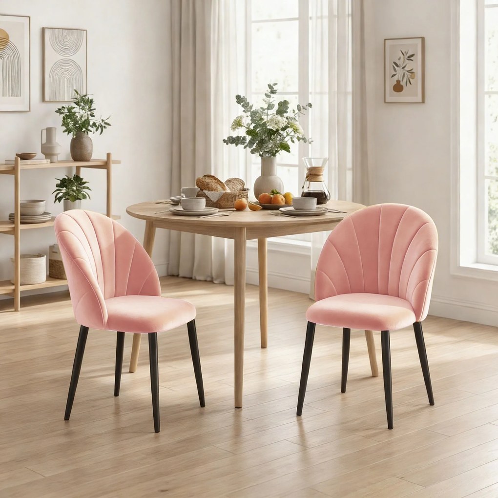 HOMCOM Set de 2 Scaune de Sufragerie din Catifea, Scaune Bucătărie cu Spătar Curbat în Formă de Scoică, Picioare din Oțel, Stil Nordic, Scaun Tapițat pentru Bucătărie, Dormitor, Cameră de Zi, Roz | Aosom Romania