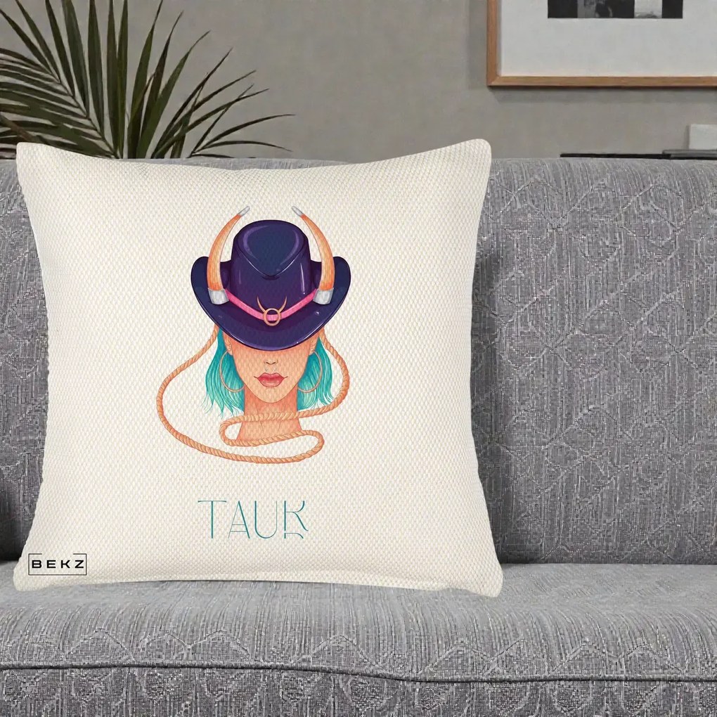 Perna Personalizata Zodie Taur, 40x40 cm, Crem Reliefat, Husa Detasabila, Perna Inclusa, BEKZ®