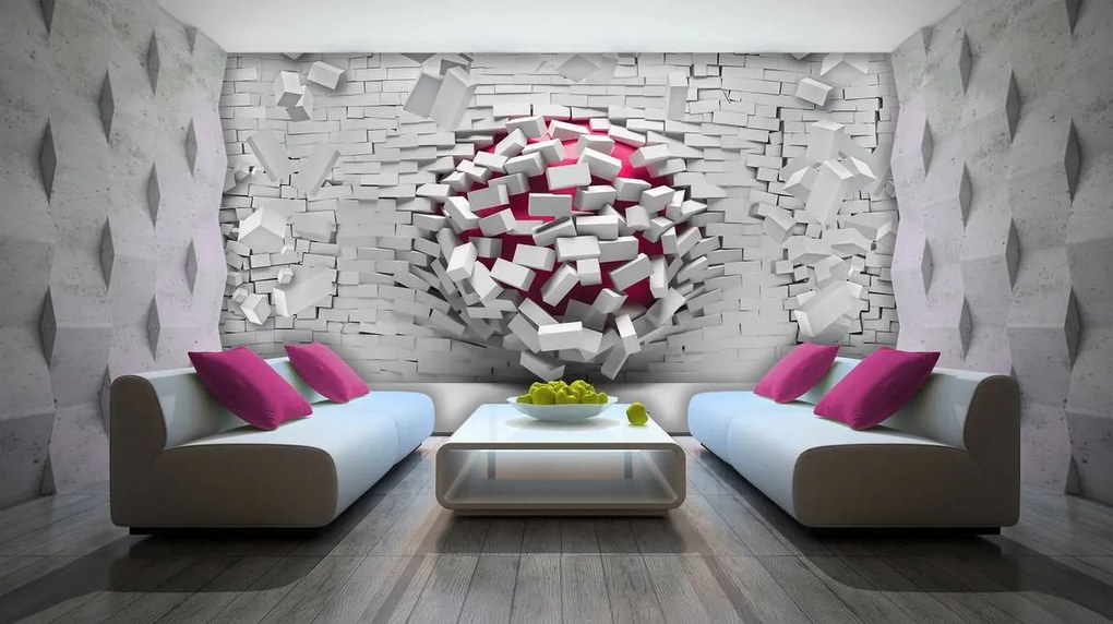 Fototapet - 3D minge cu perete alb din cărămizi (152,5x104 cm)
