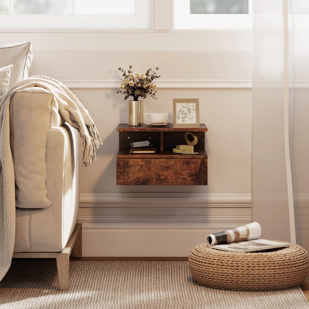 HOMCOM Set de 2 Noptiere Suspendate cu Sertar și Raft Deschis, 35x32x22.5 cm, Maro Rustic | Aosom Romania