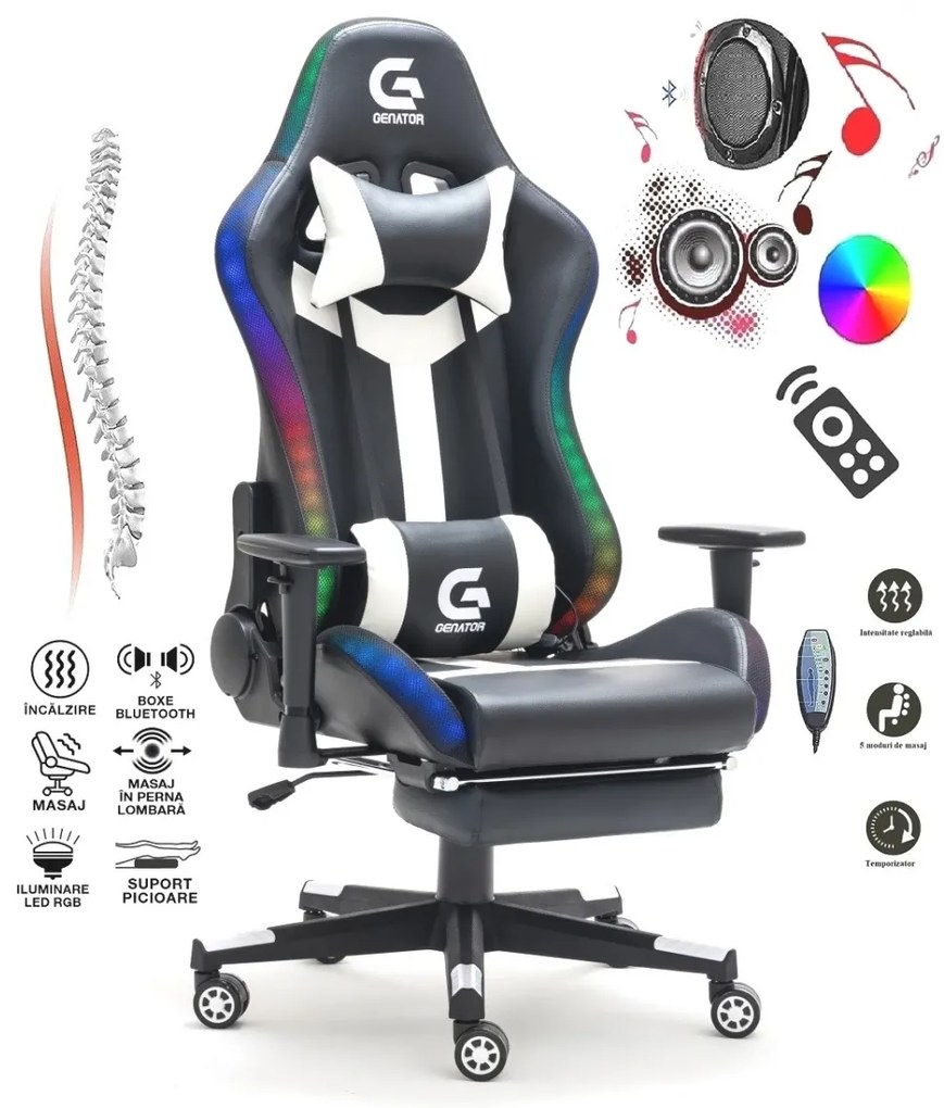 Scaun gaming, Masaj in 7 puncte, Incalzire, sistem iluminare bandă LED RGB, boxe Bluetooth, masaj în perna lombară, sezut benzi elastice sustinere, funcție șezlong, 90-180 grade, suport picioare, Negru/Alb