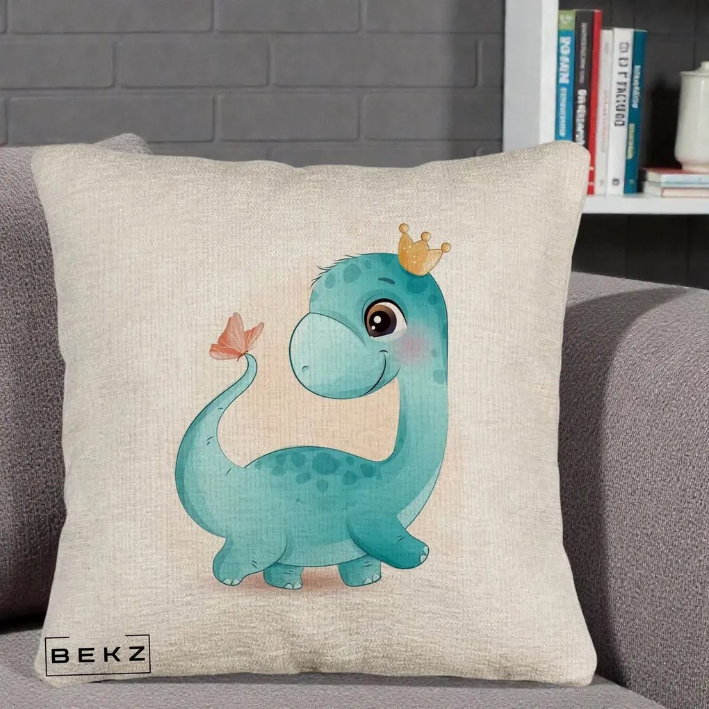 Perna Personalizata Dinozaur Bland Coroana Kawaii, 40x40 cm, Bej Canapea, Husa Detasabila, Perna Inclusa, BEKZ®