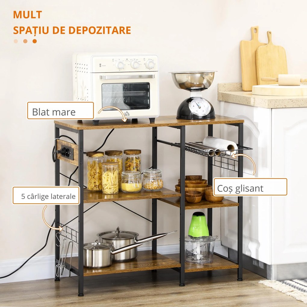 HOMCOM Suport pentru Brutării cu Priză de Curent, Încărcător USB, Suport Cuptor cu Microunde, Rafturi Industriale, Maro | Aosom Romania