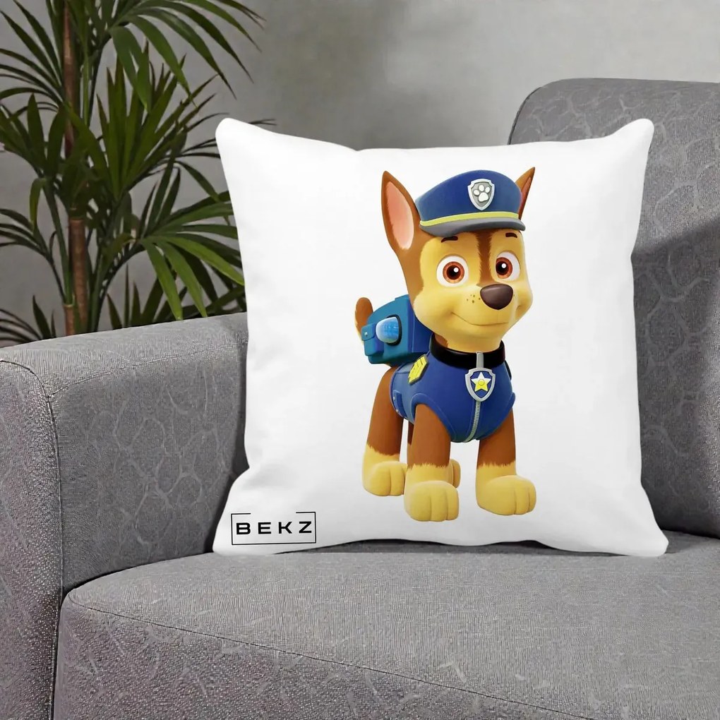 Perna Personalizata Chase PAW Patrol Albastru, 40x40 cm, Alba Mata, Husa Detasabila, Perna Inclusa, BEKZ®
