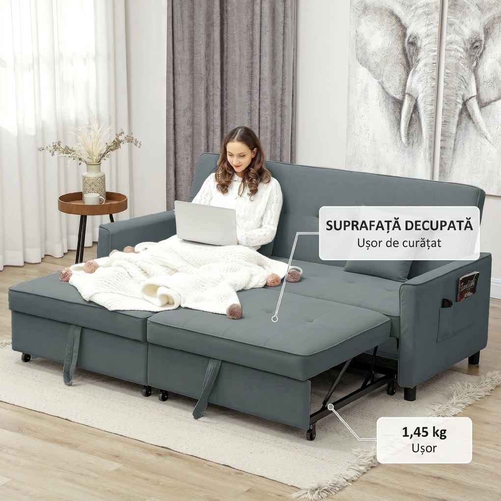 HOMCOM Canapea Extensibilă cu 3 Locuri, Brațe și 2 Perne, 196x90x89 cm, Gri | Aosom Romania