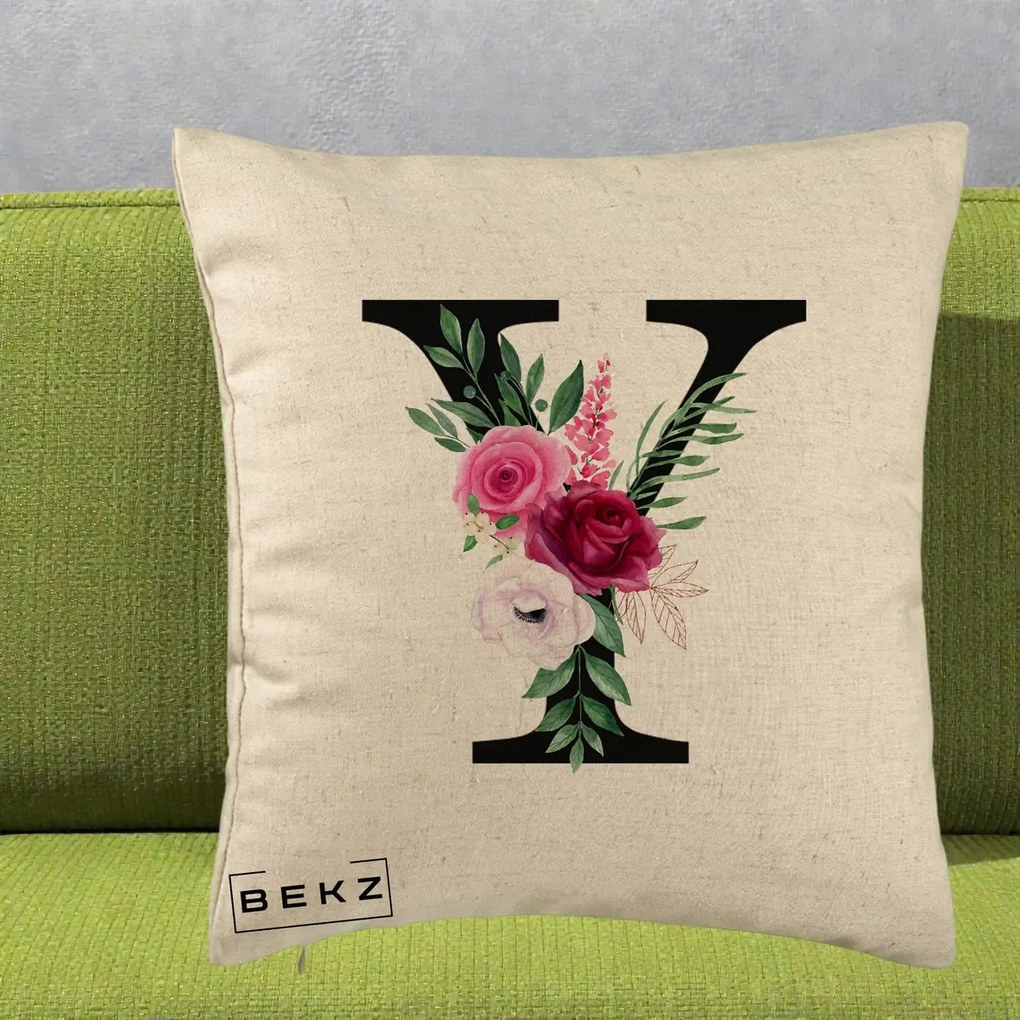 Cadou Personalizat - Perna Personalizata Monograma Florala Litera Y cu Buchet, 40x40 cm, Bej, Husa Detasabila, Perna Inclusa, BEKZ®