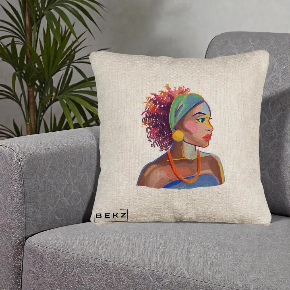 Perna Decorativa Portret Femeie Urbana Acuarela, 40x40 cm, Bej Canapea, Husa Detasabila, Perna Inclusa, BEKZ®