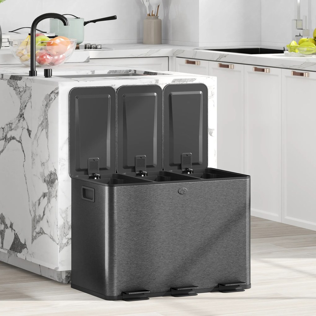 HOMCOM Coș de Gunoi cu 3 Secțiuni de 20L cu Pedală și 2 Capace cu Închidere Silențioasă, Coș de Gunoi din Oțel Inoxidabil și PP, 61.9x36.6x56.7 cm, Negru | Aosom Romania