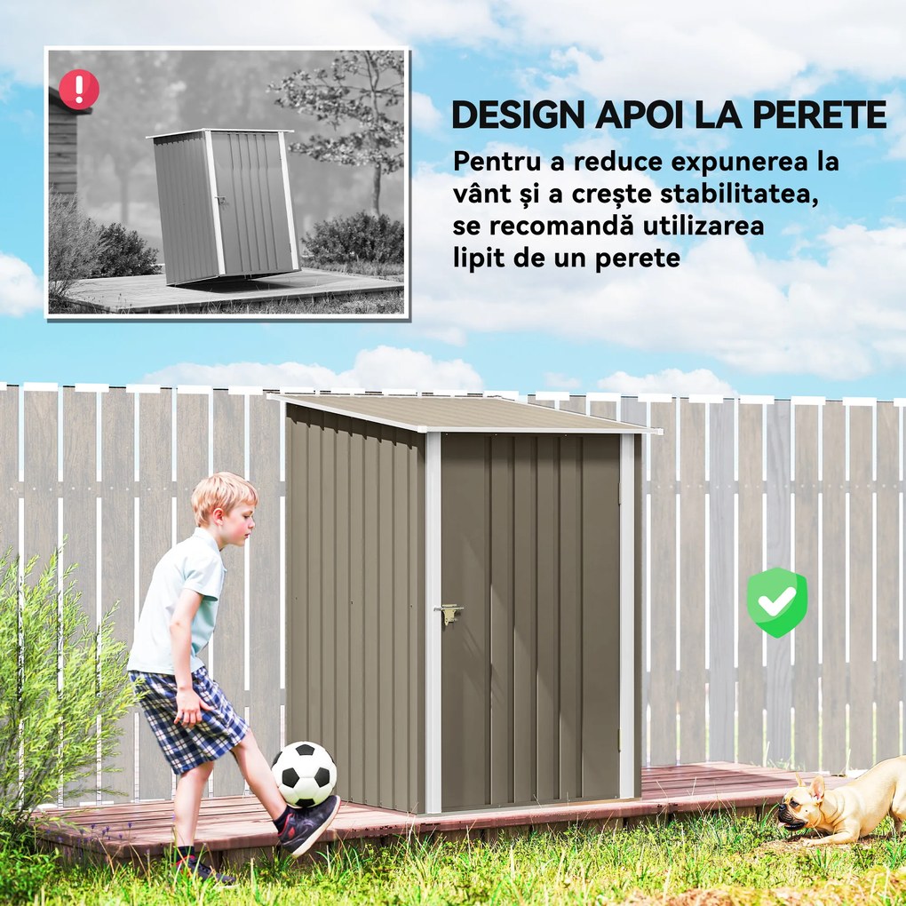 Outsunny Magazie de Grădină 0,92m² din Oțel Galvanizat, Depozit pentru Unelte cu Ușă Blocabilă, Acoperiș Înclinat, 100x104x160 cm, Maro și Alb | Aosom Romania