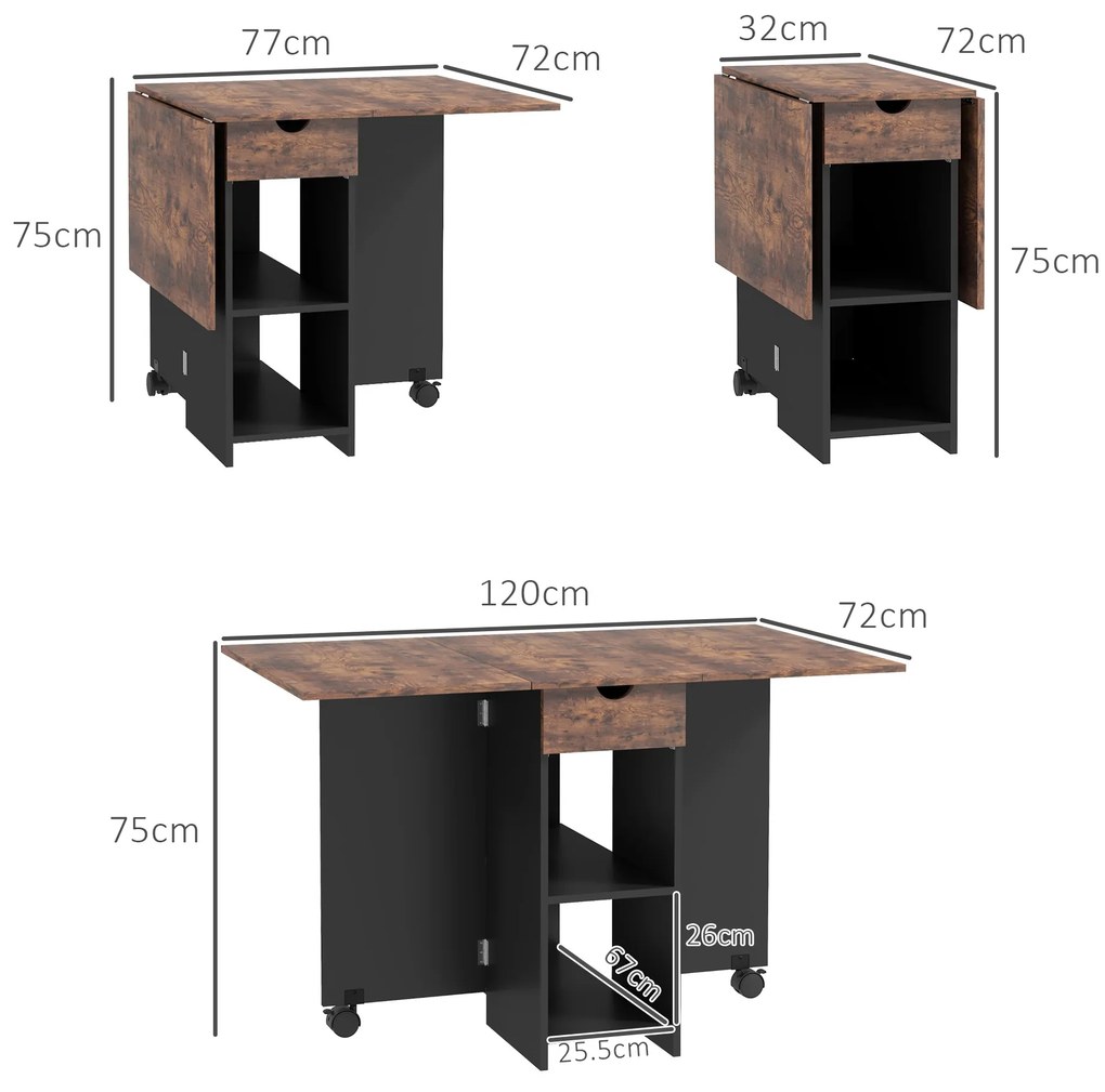HOMCOM Masă de dining pliabilă masă de bucatărie extensibilă pentru 2 până la 4 persoane 2 abătători 120 x 72 x 75 cm maro rustic și negru | Aosom Romania
