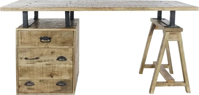 Birou din lemn de mango și metal în stil eclectic, natur, cu 3 sertare și suport tip capră, 75 x 160 x 80 cm, „Arlo”
