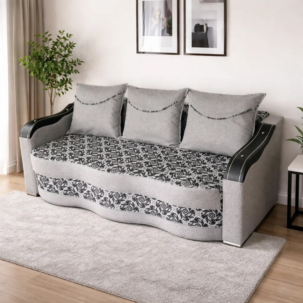 Canapea DIANA extensibila, 3 locuri, cu lada de depozitare, stofa gri cu negru , 220x100x80 Gri + Negru