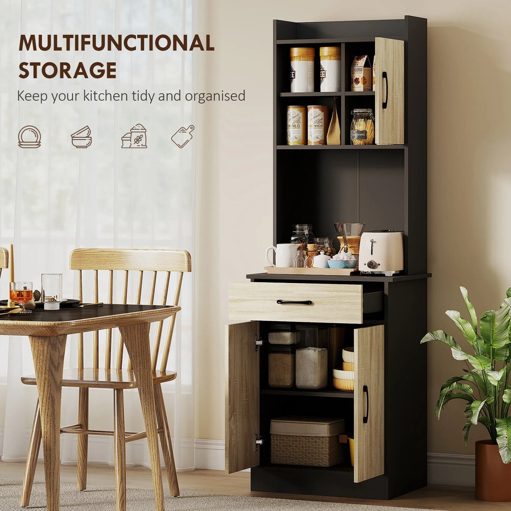 HOMCOM Dulap de Bucătărie, Mobilier cu Orificiu pentru Cabluri și Suprafață pentru Microunde, Dulap de Bucătărie cu Sertar, 3 Rafturi Deschise și Dulapuri, pentru Sufragerie, Living, Negru și Lemn | Aosom Romania