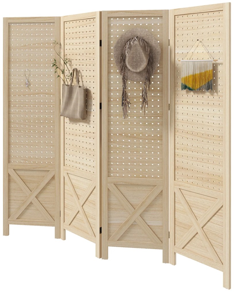 HOMCOM, Paravan interior din lemn, 4 panouri, separator de cameră pliabil, panou perforat, 152 x 1,7 x 144,5 cm, lemn natural | Aosom Romania