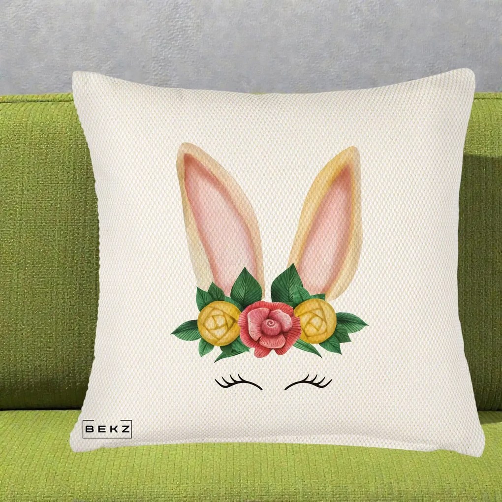 Perna Decorativa Iepuras Flori Urechi Pastelui, 40x40 cm, Crem Reliefat, Husa Detasabila, Perna Inclusa, BEKZ®