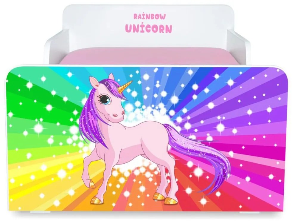 Pat copii Rainbow Unicorn  2-8 ani + saltea 140x70x12 cm + husa impermeabila