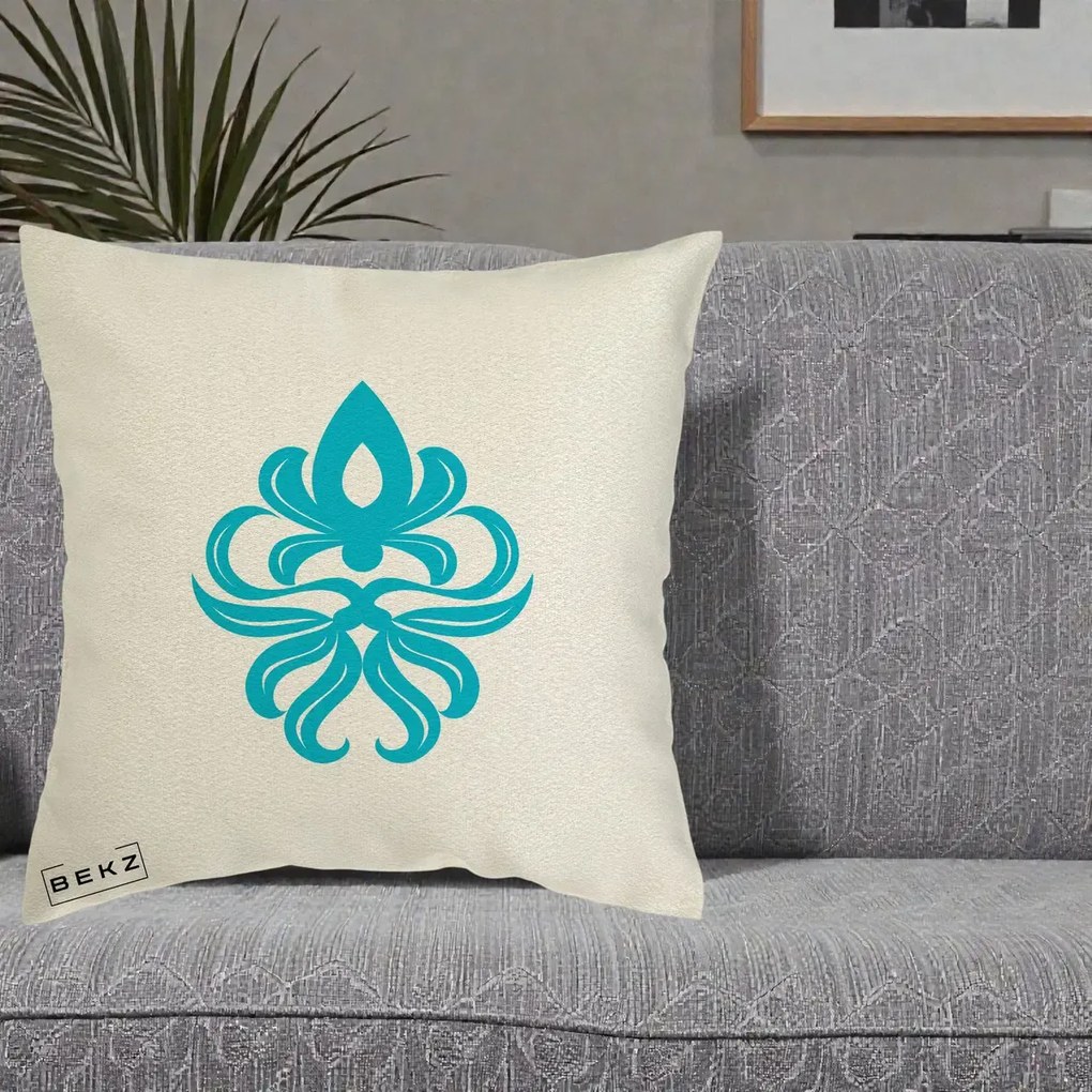 Perna Decorativa Ornament Turcoaz Fleur de Lis, 40x40 cm, Ecru, Husa Detasabila, Perna Inclusa, BEKZ®