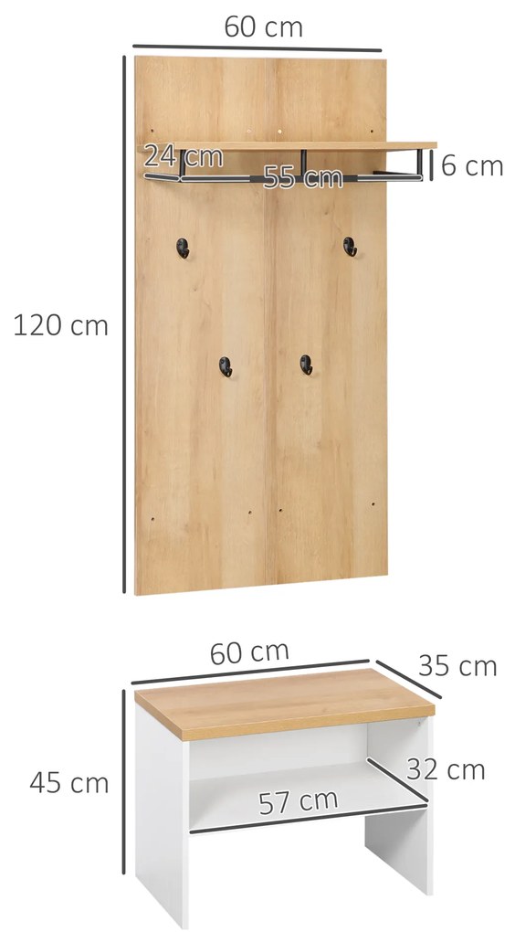 HOMCOM Entryway Organizer with Shoe Bench, Shoe Rack, Hall Tree with 4 Hooks, Coat Rack for Hallway, White and Natural | Aosom Romania