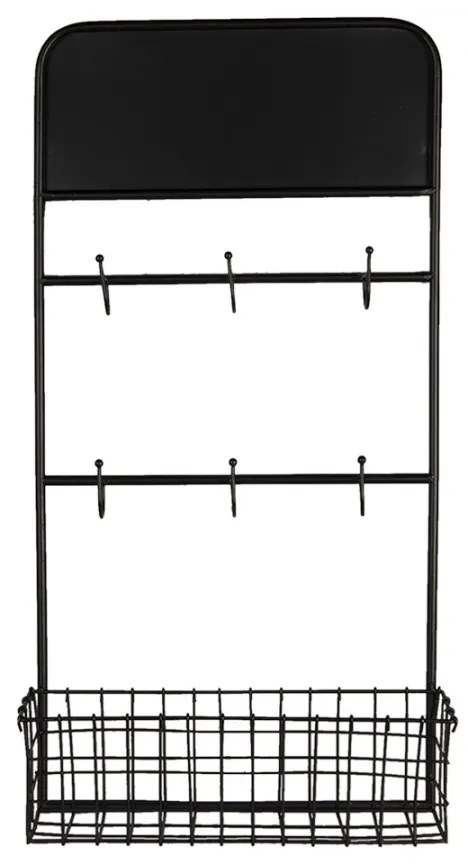Etajera de perete, neagra, din metal, cu 6 agatatori si un cos, Virelle