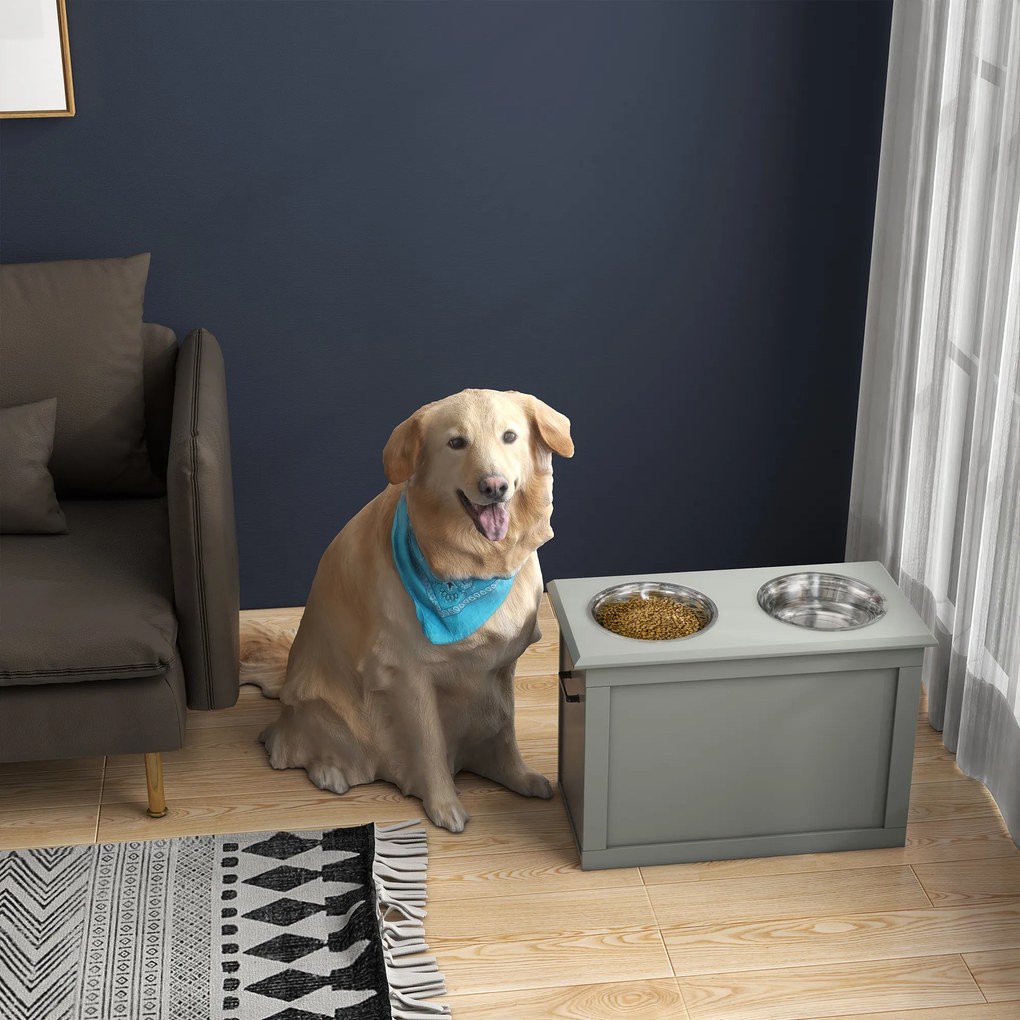 PawHut Boluri ridicate pentru câini bol dublu câine pisică Suport pentru boluri ridicat dim. 60L x 30W x 41H cm 2 boluri 2L mânere compartiment lemn gri | Aosom Romania