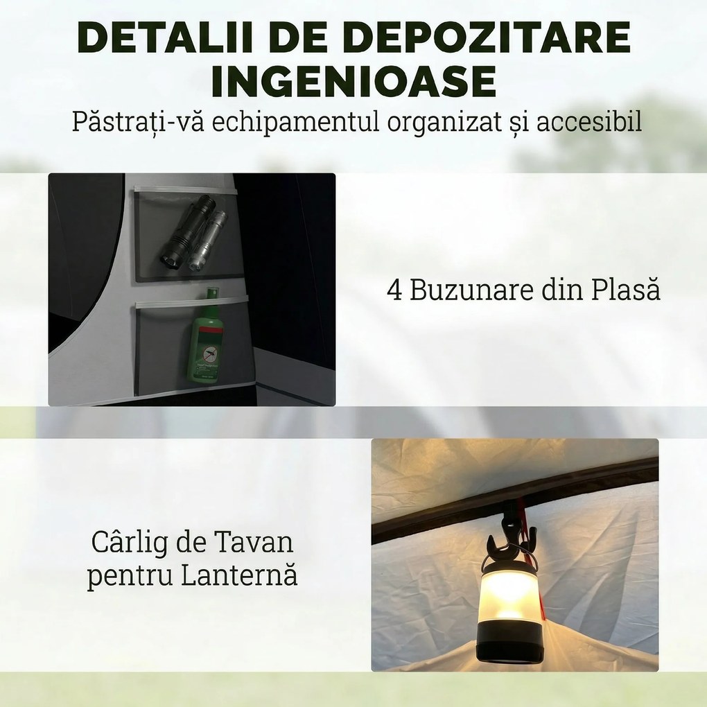 Outsunny Cort de Camping Tunel pentru 2-4 Persoane, Înălțime 213cm, cu 2 Camere, Cort Familial Impermeabil 3000mm cu Verandă, Ferestre, Buzunare, Cârlig și Geantă de Transport, Bleumarin | Aosom Romania