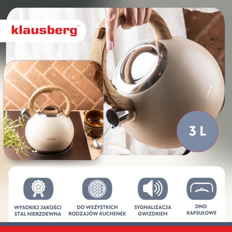 Fierbător fluierător Klausberg KB 7956, 3l, Mâner termoizolat, Fund multistrat, Inducție, Bej