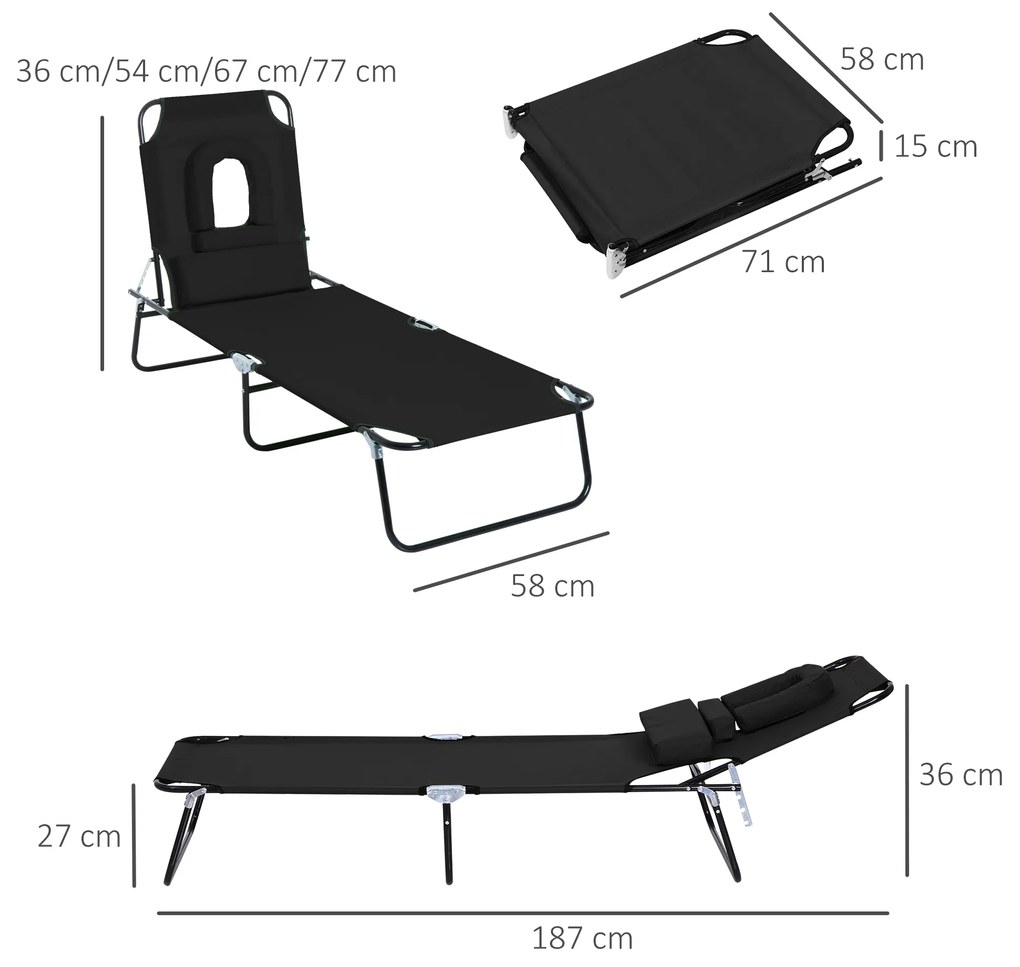 Sezlong Pliabil Outsunny cu Orificiu pentru Fata si Perne, pentru Gradina, Plaja si Camping, Negru | Aosom Romania