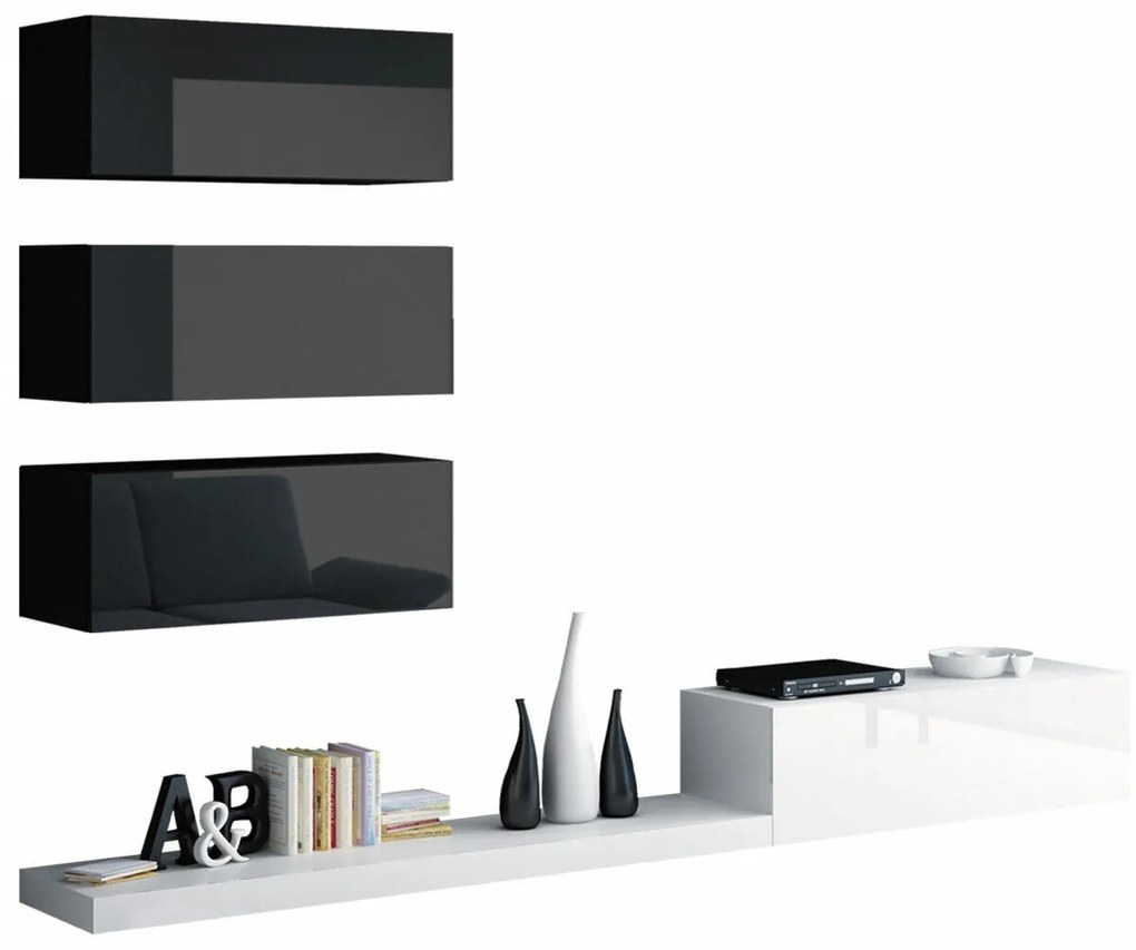 Camera de zi Charlotte 111Alb, Alb lucios, Negru, Negru lucios, Cu comodă tv, Părți separate, PAL laminat, 300x42cm, 83 kg