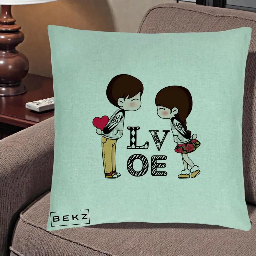 Cadou Romantic - Perna Personalizata Cuplu Kawaii LOVE, 40x40 cm, Verde Menta, Husa Detasabila, Perna Inclusa, BEKZ®